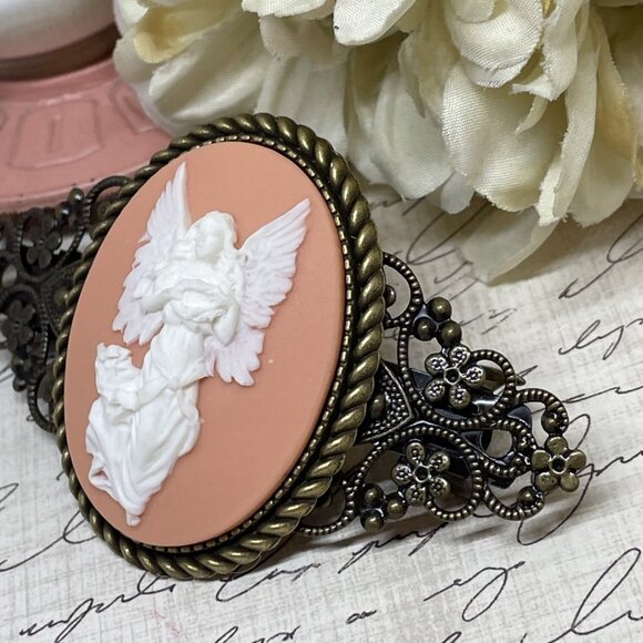 Peach White Angel Christmas Gift Mom Wife Bride Cameo Pin Hair Clip Jewelry Comb - Picture 5 of 12